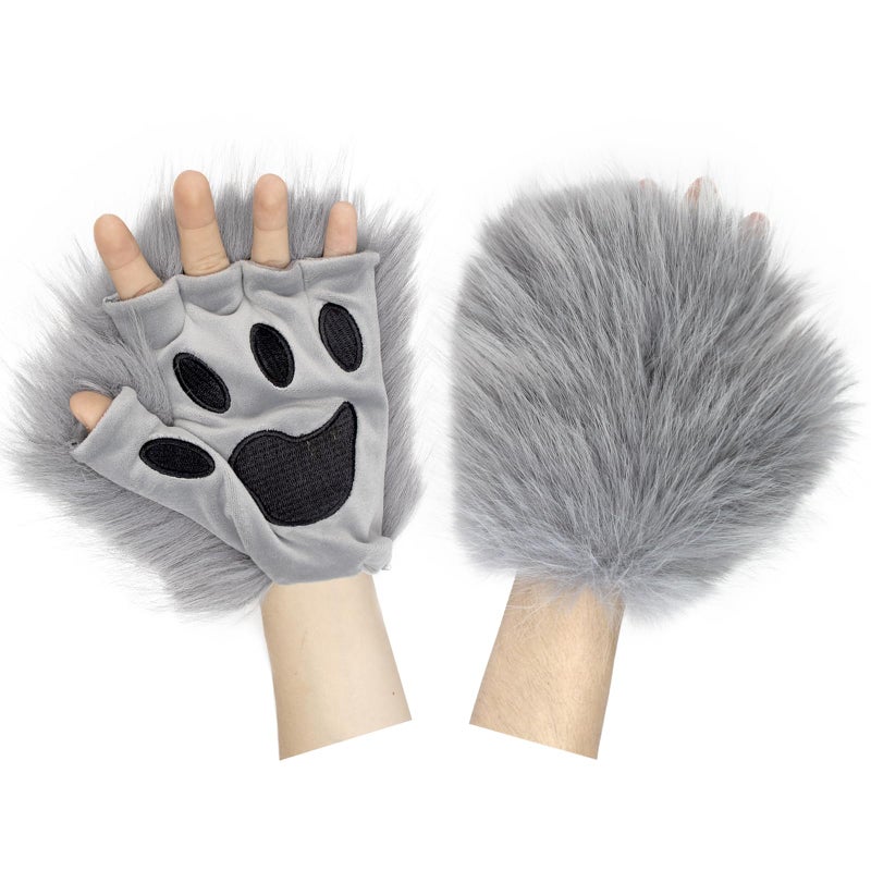 HAOAN Wolf Fox Tail Clip Ears and Gloves Set Halloween Christmas Fancy Party Costume for Women and Man Gray - Image 2